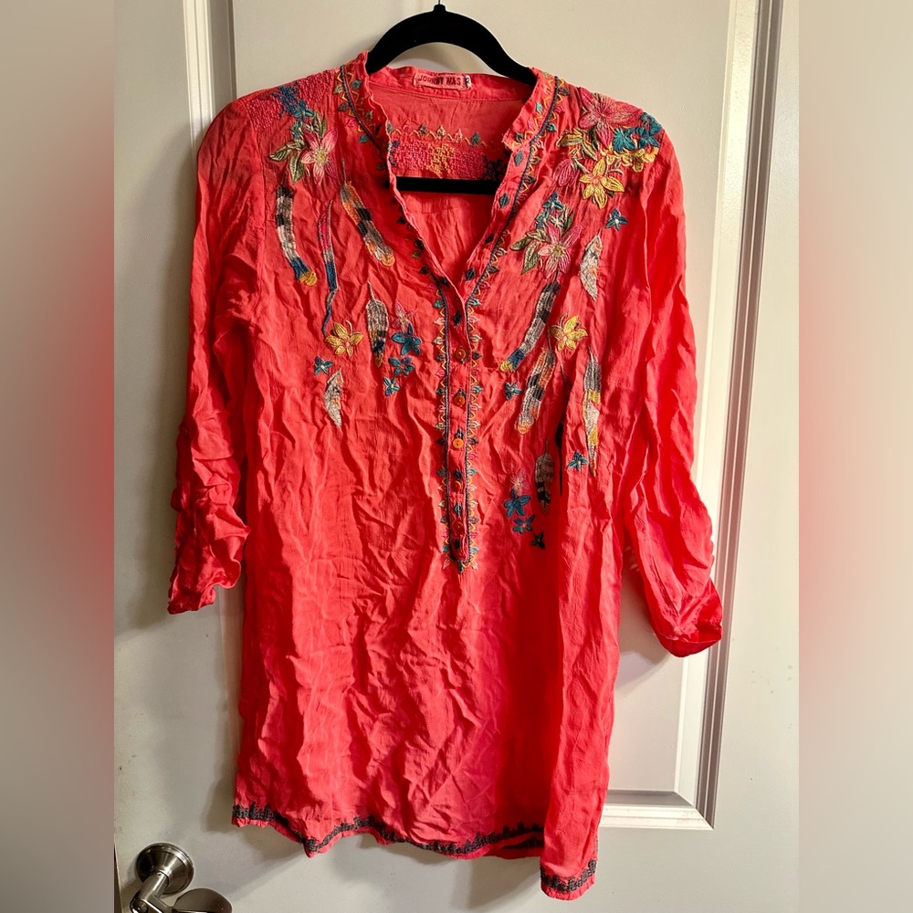 Johnny Was Embroidered Coral Tunic Top